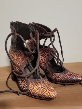 Freebird by Steven Brown Croc-Embossed Lace-Up Heels